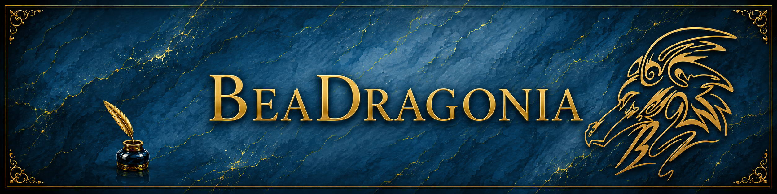 BeaDragonia Anthology Writing Group turquoise and gold banner with an inkwell, quill, and dragon logo